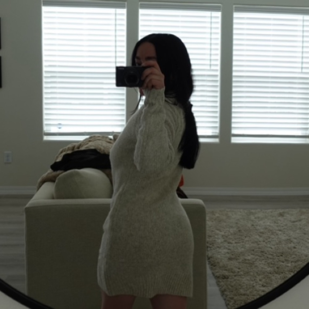Oatmeal colored sweater dress with slit